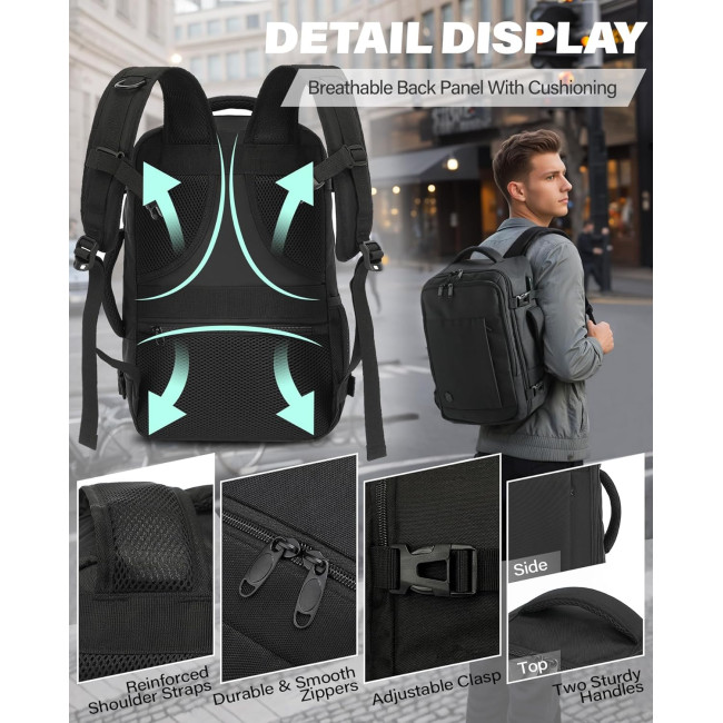 Ручная кладь VANKEV 40x20x25, подседающий рюкзак 20л, дорожная сумка-рюкзак для ноутбука 14 дюймов, черный (2098)