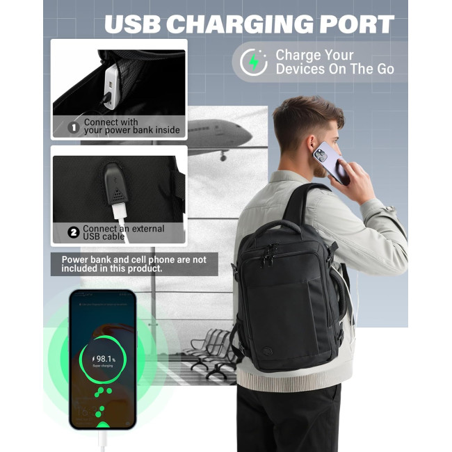 Ручная кладь VANKEV 40x20x25, подседающий рюкзак 20л, дорожная сумка-рюкзак для ноутбука 14 дюймов, черный (2098)