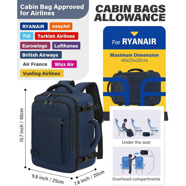 Ручная кладь VANKEV 40x20x25, подседающий рюкзак 20л, дорожная сумка-рюкзак для ноутбука 14 дюймов, Темно-синий (2099)