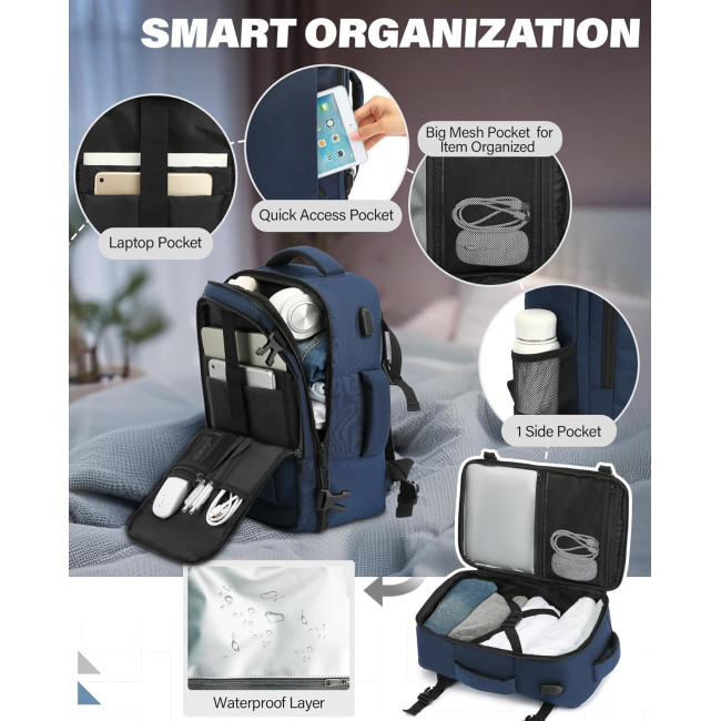 Ручная кладь VANKEV 40x20x25, подседающий рюкзак 20л, дорожная сумка-рюкзак для ноутбука 14 дюймов, Темно-синий (2099)