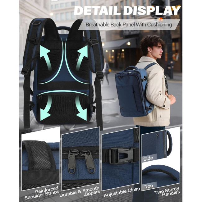 Ручная кладь VANKEV 40x20x25, подседающий рюкзак 20л, дорожная сумка-рюкзак для ноутбука 14 дюймов, Темно-синий (2099)