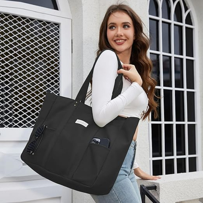 Большая полотняная сумка-тоут HOMESPON для женщин с карманами и отделением для ноутбука, черная (2112)