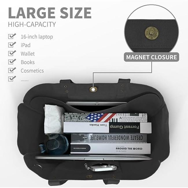 Большая полотняная сумка-тоут HOMESPON для женщин с карманами и отделением для ноутбука, черная (2112)