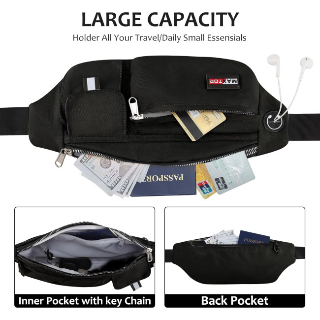 Велика поясна сумка MAXTOP для жінок і чоловіків, поясна сумка з регульованим ремінцем, необхідне для подорожей, бігу, чорна (2003)