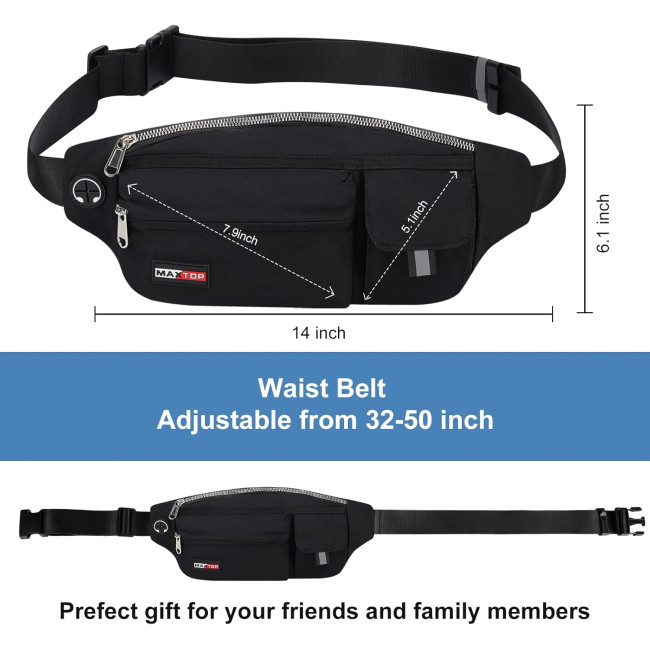 Велика поясна сумка MAXTOP для жінок і чоловіків, поясна сумка з регульованим ремінцем, необхідне для подорожей, бігу, чорна (2003)