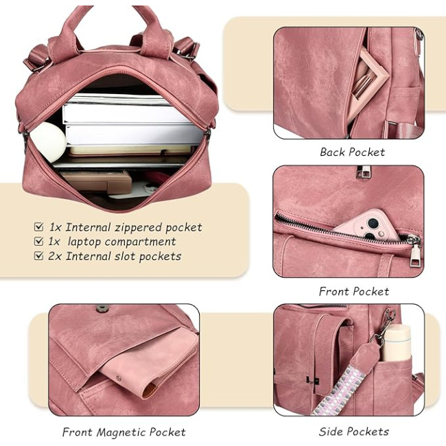 Жіночий рюкзак Leathario з веганської шкіри, водонепроникний 3-в-1, рожевий (3122)