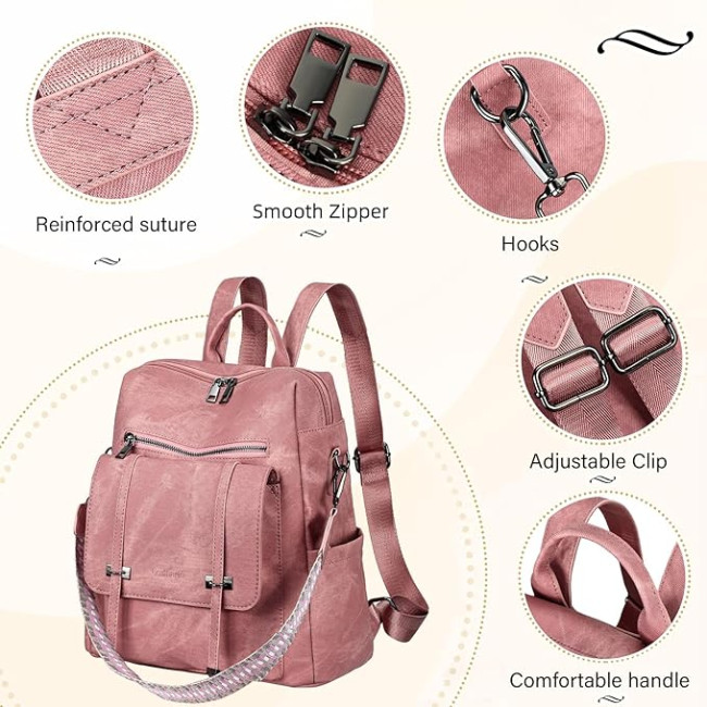 Жіночий рюкзак Leathario з веганської шкіри, водонепроникний 3-в-1, рожевий (3122)
