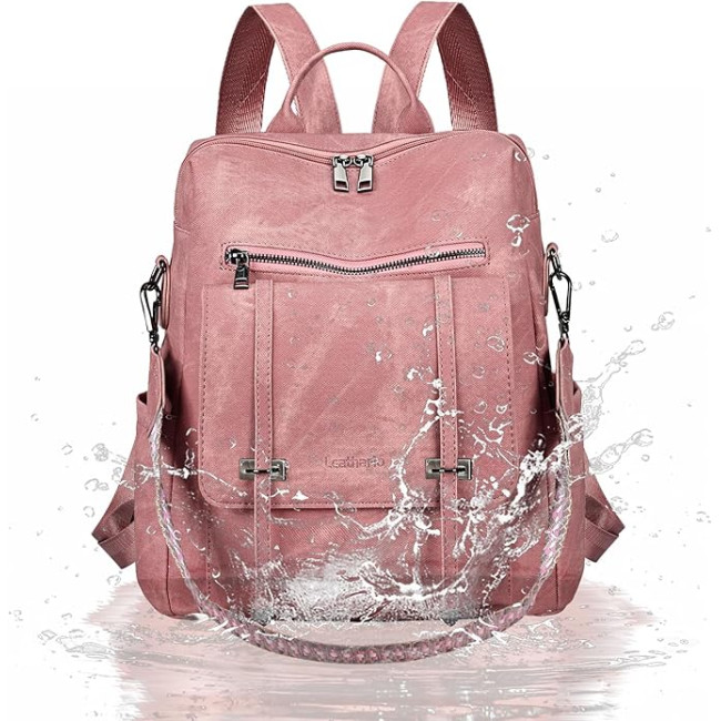 Жіночий рюкзак Leathario з веганської шкіри, водонепроникний 3-в-1, рожевий (3122)