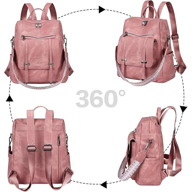 Жіночий рюкзак Leathario з веганської шкіри, водонепроникний 3-в-1, рожевий (3122)