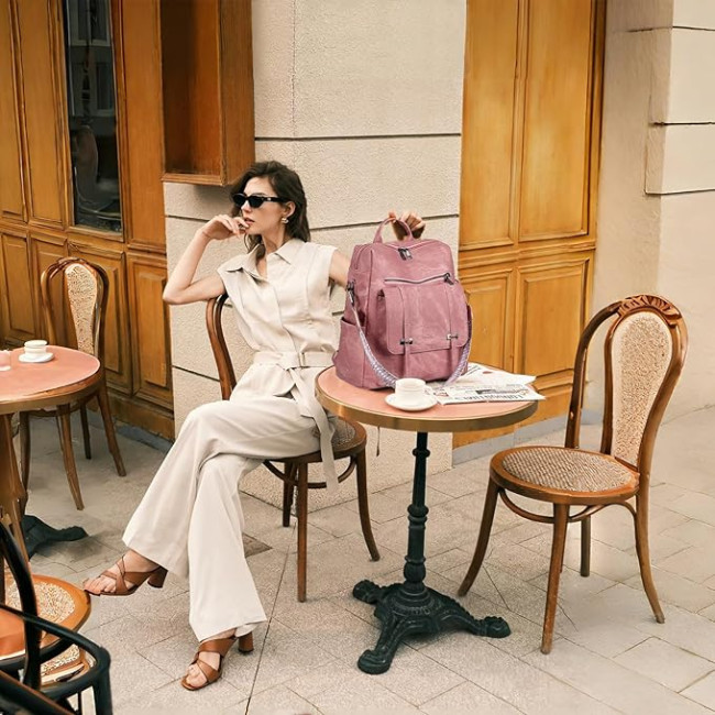 Жіночий рюкзак Leathario з веганської шкіри, водонепроникний 3-в-1, рожевий (3122)