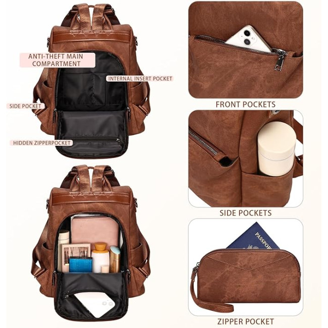 Жіночий рюкзак Leathario із захистом від крадіжки та бризок, коричневий (3121)