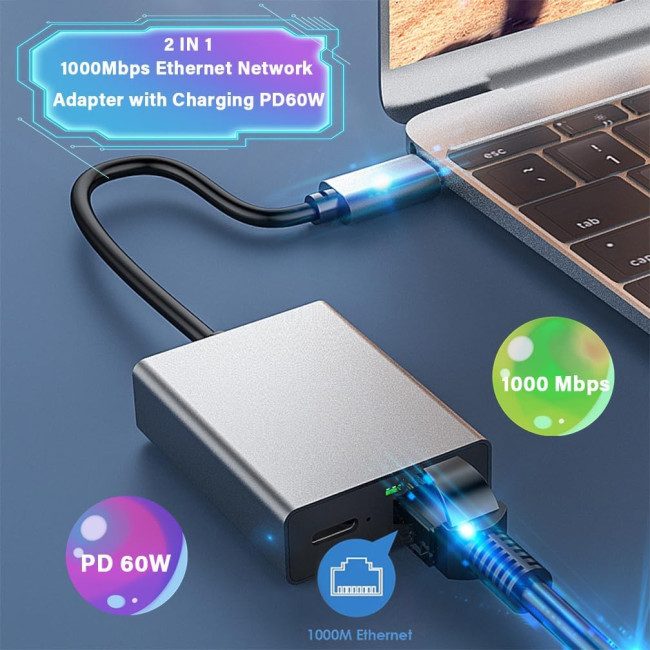 Адаптер GAROGYI USB C - Ethernet із зарядкою PD 60 Вт - Plug and Play, підтримка локальної мережі 1000 Мбіт/с для Android, iPad, MacBook (0161)