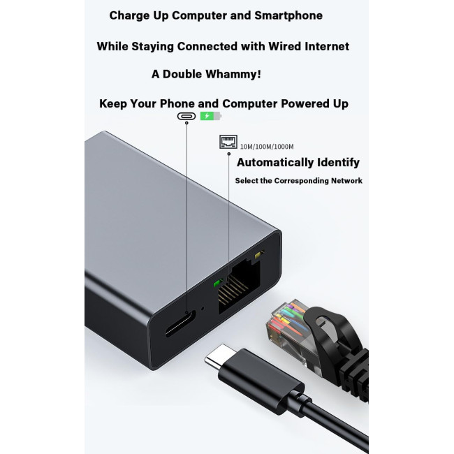 Адаптер GAROGYI USB C - Ethernet із зарядкою PD 60 Вт - Plug and Play, підтримка локальної мережі 1000 Мбіт/с для Android, iPad, MacBook (0161)