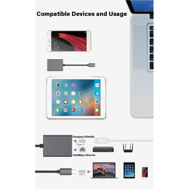 Адаптер GAROGYI USB C - Ethernet із зарядкою PD 60 Вт - Plug and Play, підтримка локальної мережі 1000 Мбіт/с для Android, iPad, MacBook (0161)