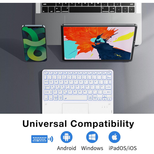 Бездротова клавіатура CACOE K08BT 10 дюймів із QWERTY-розкладкою та сенсорною панеллю, біла (2165)