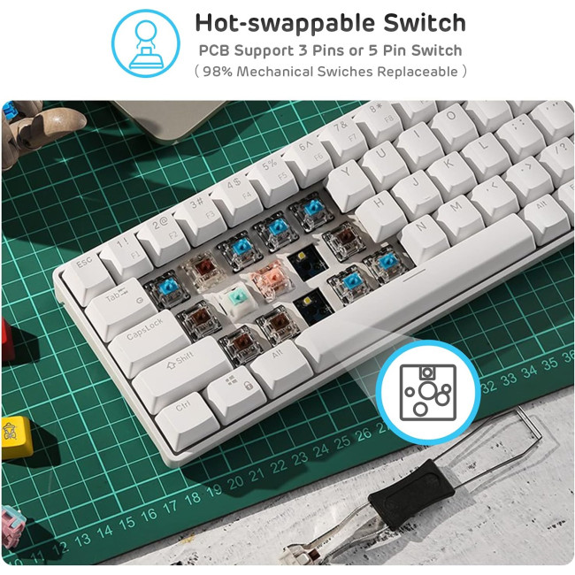 Бездротова, компактна ігрова клавіатура RK ROYAL KLUDGE RK61 з потрійним режимом, біла (4108)