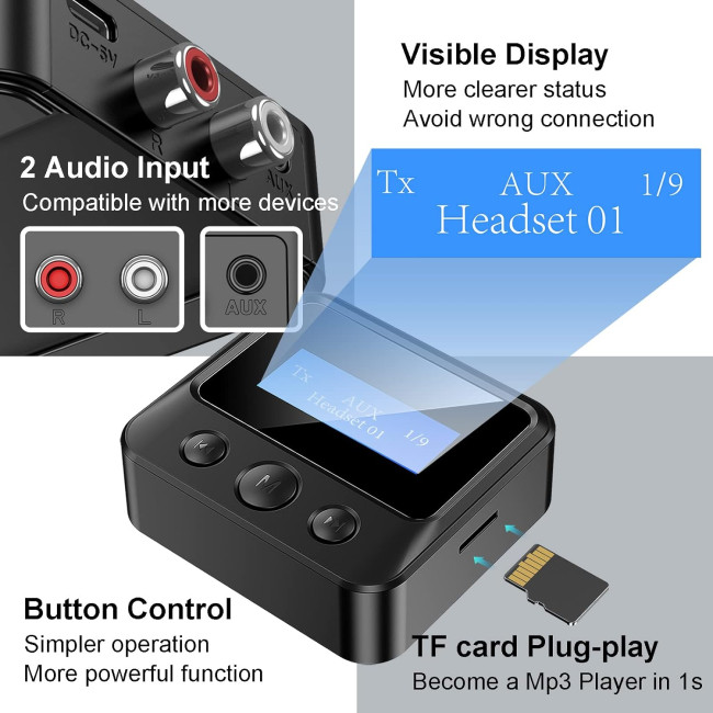 Bluetooth-передавач-приймач  WCCDYZDTG C39S з РК-екраном, TF-картою, підтримкою Plug-Play, підтримкою 3,5 мм AUX, RCA (0160)