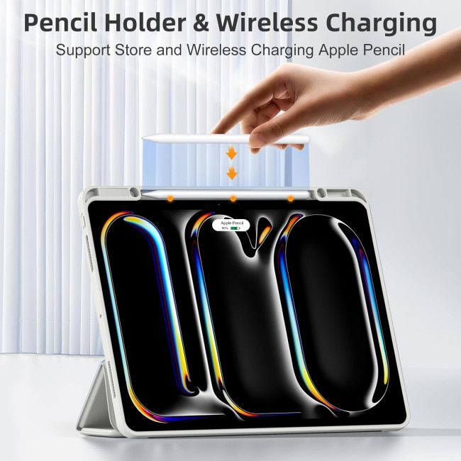 Чохол Vobafe для iPad Pro 13 (M4) 2024 з тримачем для олівців, трискладною підставкою, гнучка задня кришка TPU, світло-сірий (2042)