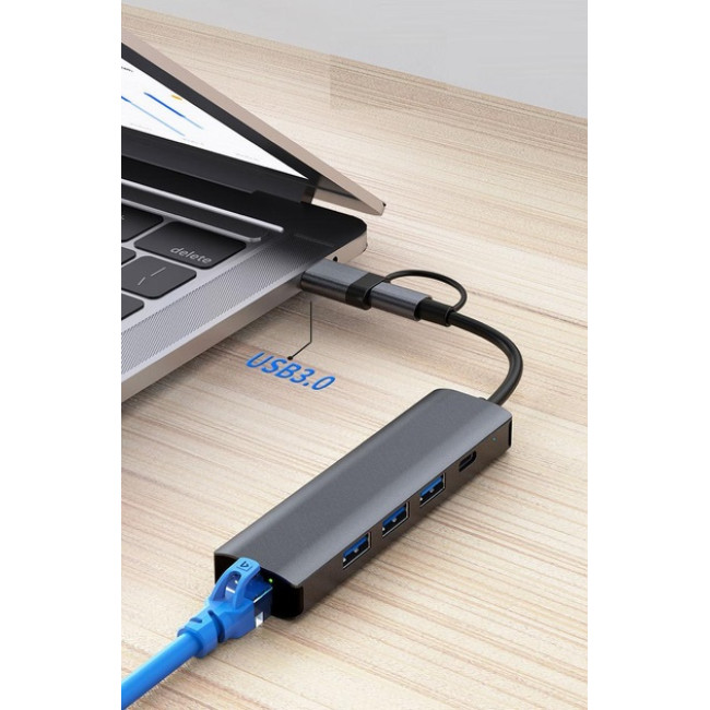 Deepfox Док-станция 2208TU, USB Type-C/Type-A, RJ45 Ethernet LAN адаптер 1000 Мбит/с (5040)