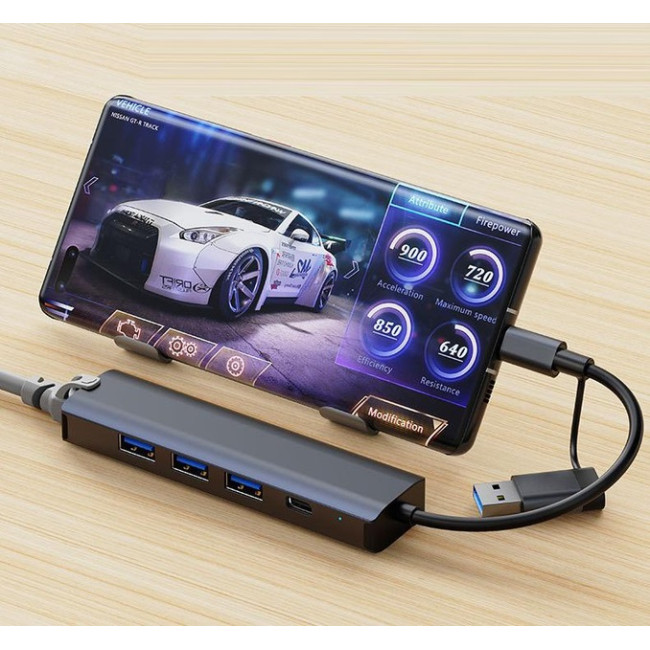 Deepfox Док-станция 2208TU, USB Type-C/Type-A, RJ45 Ethernet LAN адаптер 1000 Мбит/с (5040)