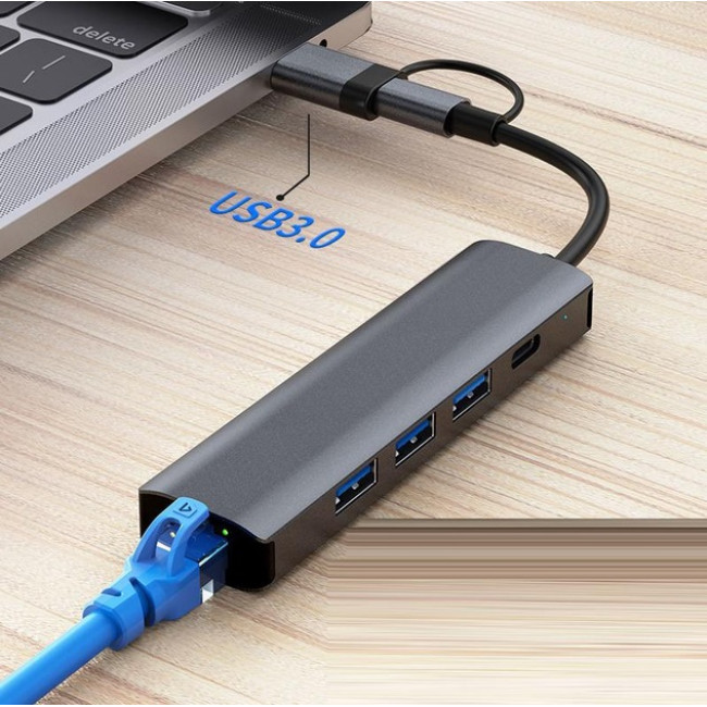 Deepfox Док-станция 2208TU, USB Type-C/Type-A, RJ45 Ethernet LAN адаптер 1000 Мбит/с (5040)