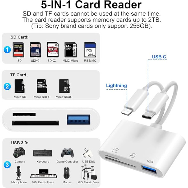 Denlane Зчитувач SD-карт із двома роз'ємами для iPhone та Android - 5-в-1, білий (5188)