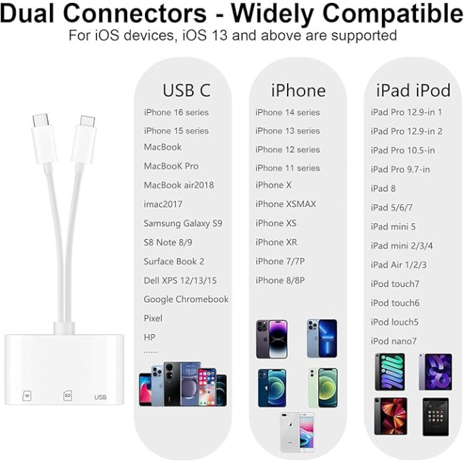 Denlane Зчитувач SD-карт із двома роз'ємами для iPhone та Android - 5-в-1, білий (5188)