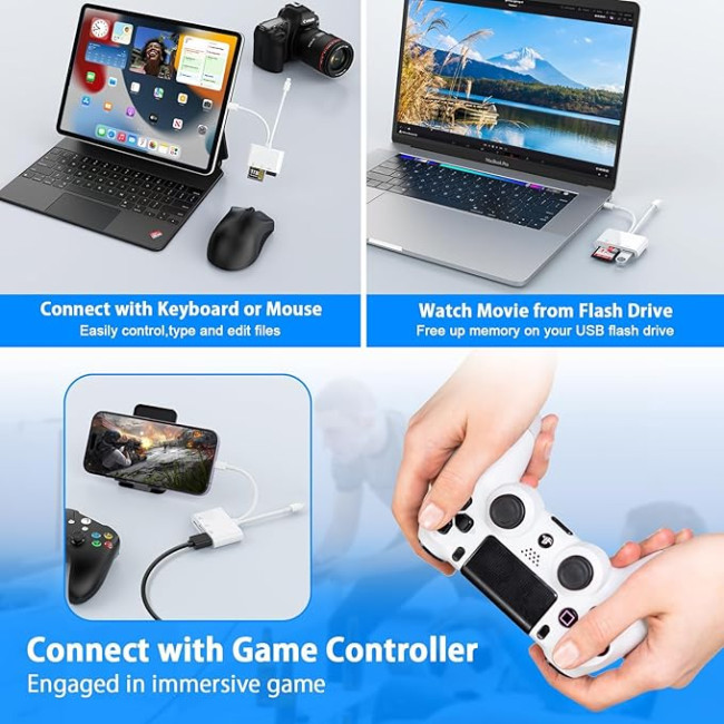 Denlane Зчитувач SD-карт із двома роз'ємами для iPhone та Android - 5-в-1, білий (5188)