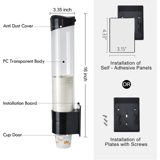 Диспенсер для чашок LBTING, висувний тримач для чашок з кулером для води, підходить для чашок з конічним або плоским дном, чорний (2075)