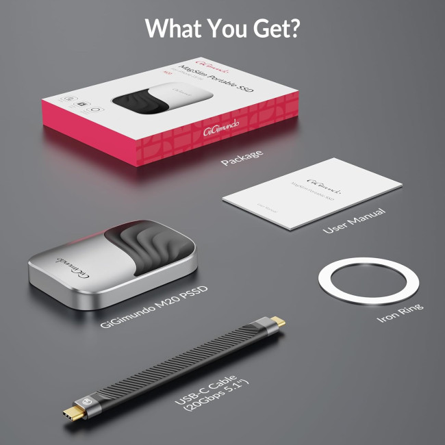 GiGimundo Портативний SSD-накопичувач M20 Magnetic SSD 512 ГБ, срібний (5083)