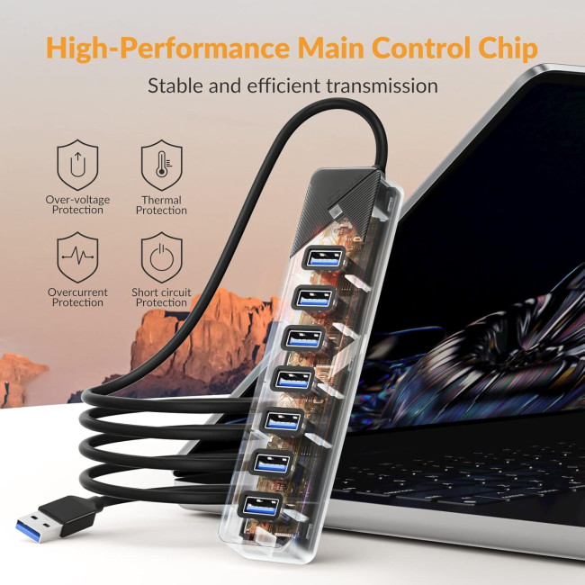 GiGimundo USB-хаб, PG7U 3.0, 7-портовий USB-розподільник, кабель довжиною 1м, чорний (5084)