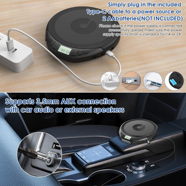 Gueray портативний CD-програвач H-01 для автомобіля, з РК-дисплеєм, чорний (5079)