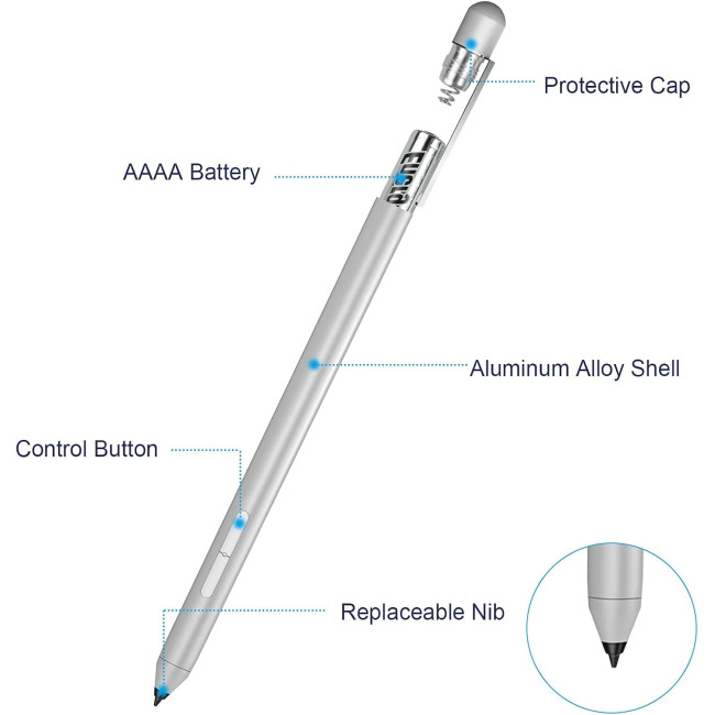 Hacey Стилус K2-C-Surface для Microsoft Surface Pro, з функцією відхилення долоні, 1024 рівні тиску, срібний (5081)