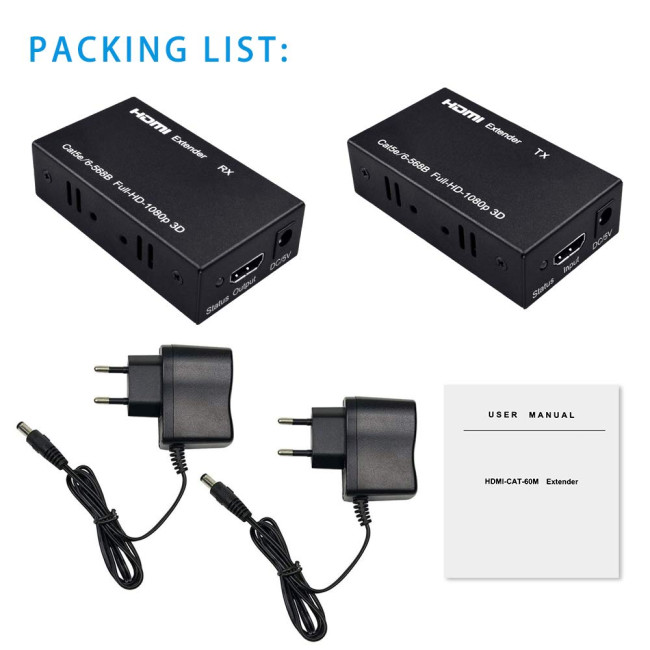 HDMI-подовжувач Ozvavzk MO-HD YCQ-01 60 м HDMI - RJ45 Ethernet через кабель Cat5e/Cat6, черний (3168)