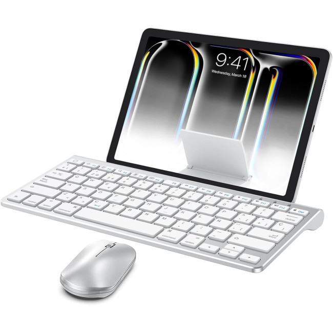 Комплект Bluetooth-клавіатури та миші OMOTON, сумісний з усіма серіями iPad, зі складним кронштейном, легкий та зручний, сріблястий (2063)