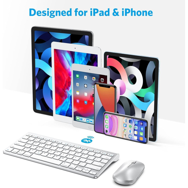 Комплект Bluetooth-клавіатури та миші OMOTON, сумісний з усіма серіями iPad, зі складним кронштейном, легкий та зручний, сріблястий (2063)