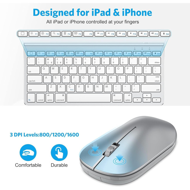 Комплект Bluetooth-клавіатури та миші OMOTON, сумісний з усіма серіями iPad, зі складним кронштейном, легкий та зручний, сріблястий (2063)