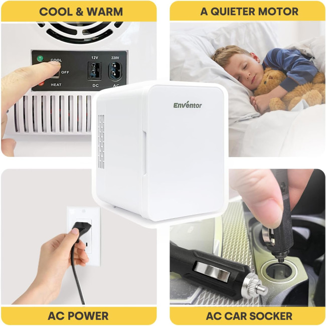 Міні-холодильник Enventor 4 літри, маленький портативний холодильник, 6 банок,  для спальні, автомобіля, білий (2072)