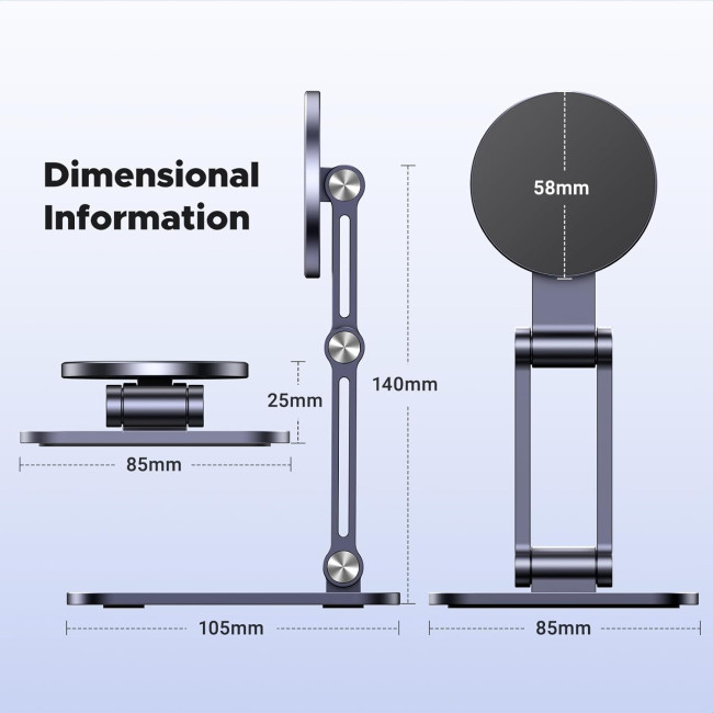 Магнітна підставка для телефону UGREEN LP688, сумісна з тримачем MagSafe для iPhone, для столу, ергономічний дизайн, регульована алюмінієва підставка, сіра (0019)