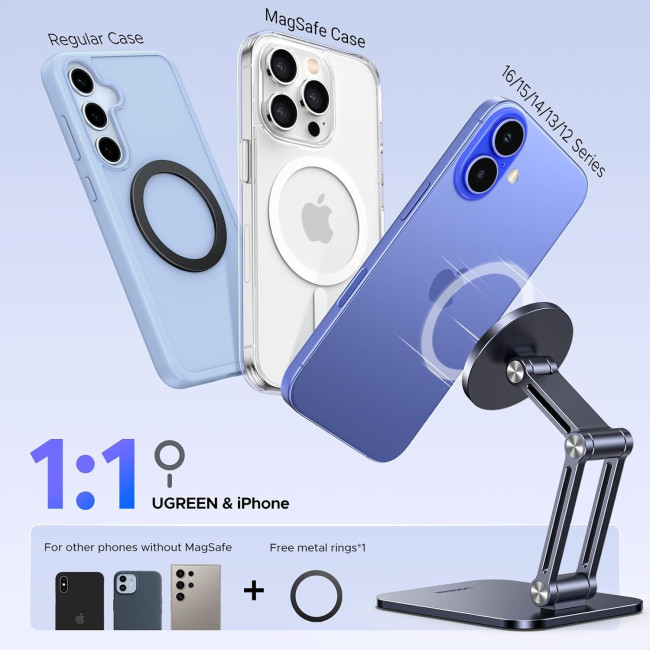 Магнітна підставка для телефону UGREEN LP688, сумісна з тримачем MagSafe для iPhone, для столу, ергономічний дизайн, регульована алюмінієва підставка, сіра (0019)