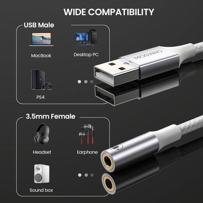 MOSWAG Аудіоадаптер USB - Aux, 20 см (2 шт.), білий (5001)