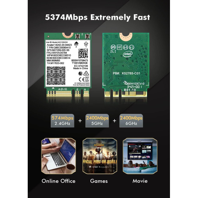 NICGIGA Бездротова карта для ноутбуків WiFi 6E Intel AX210 NGW, Bluetooth 5.3, Tri-Band 5400Mbps (5013)