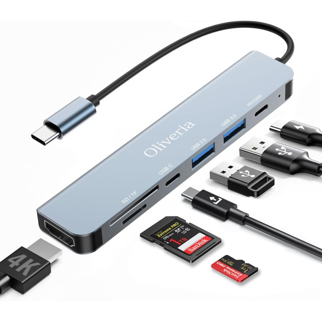 Oliveria багатопортовий адаптер USB C HUB з USB C на 4K HDMI, 7-в-1, 100 Вт (5027)