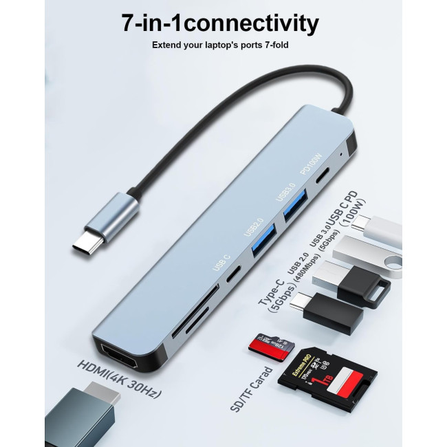 Oliveria багатопортовий адаптер USB C HUB з USB C на 4K HDMI, 7-в-1, 100 Вт (5027)