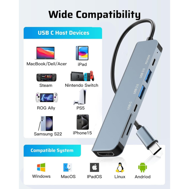 Oliveria багатопортовий адаптер USB C HUB з USB C на 4K HDMI, 7-в-1, 100 Вт (5027)