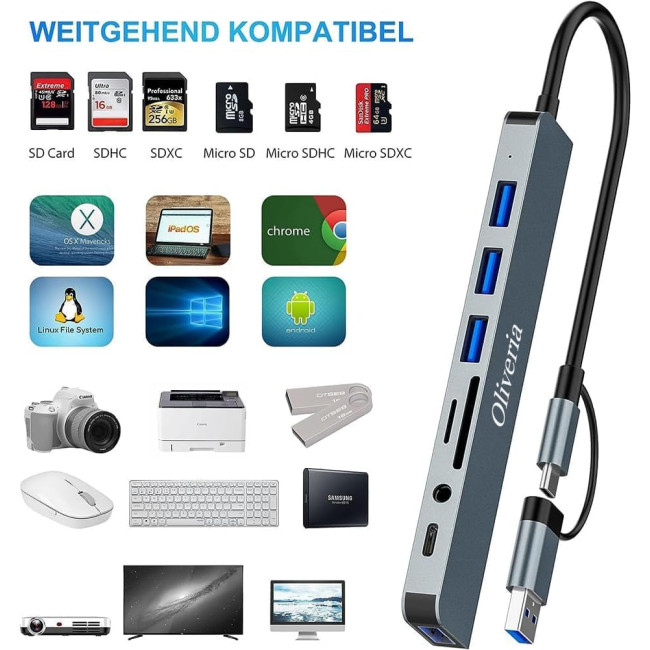 Oliveria багатопортовий адаптер зі зчитувачем карт SD та TF, USB-C Hub 3.0, 8-в-1 (5026)