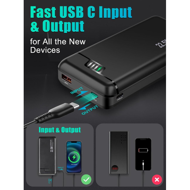 Портативний зарядний пристрій Lycosidae Power Bank 20000 мАг, потужністю 22,5 Вт із швидким заряджанням, чорний (0034)