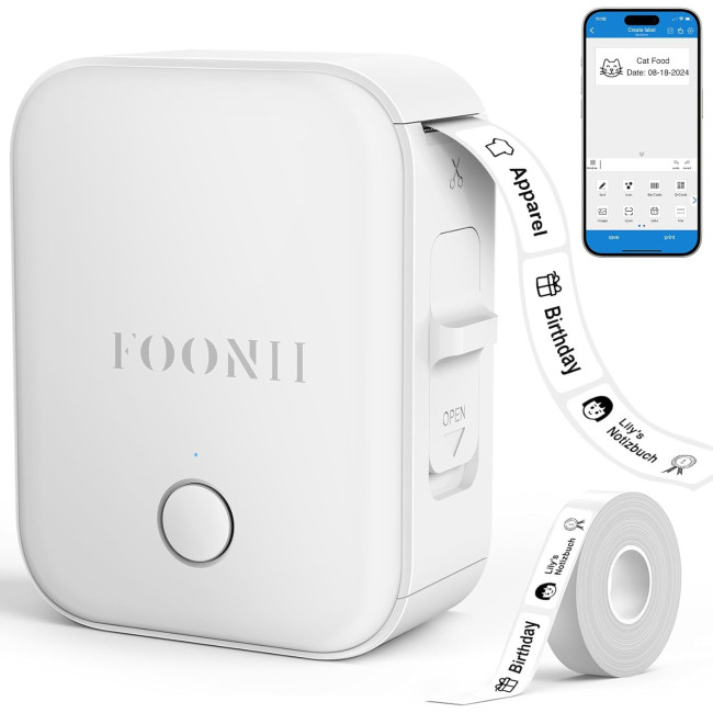Принтер етикеток Foonii WP9525 Bluetooth із самоклеючимся етикетуванням, білий (2138)