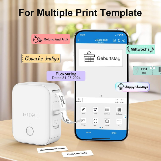 Принтер етикеток Foonii WP9525 Bluetooth із самоклеючимся етикетуванням, білий (2138)