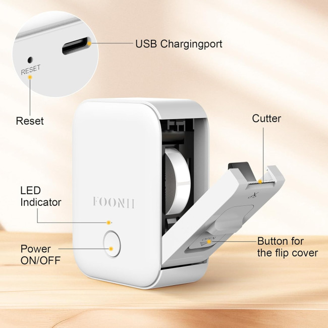 Принтер етикеток Foonii WP9525 Bluetooth із самоклеючимся етикетуванням, білий (2138)